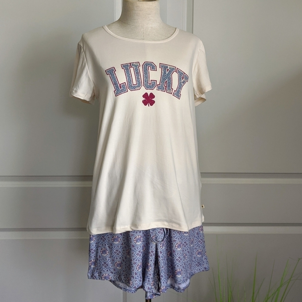 Lucky Brand Pajama Lounge Set Shorts Short Sleeve Tee Top White Red Blue M NWT